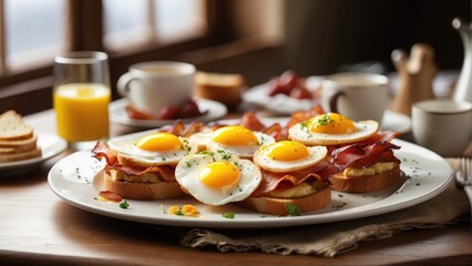 bacon meat with eggs and tomatoes breakfast photo background