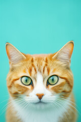 Fototapeta premium cat with odd stare on vibrant blue background with copy space above head