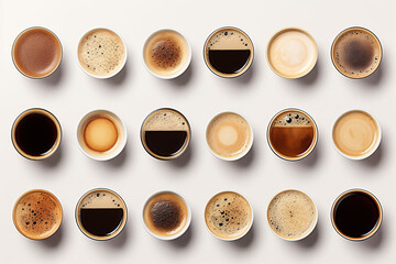 types of coffee collection top view white background, Generative AI