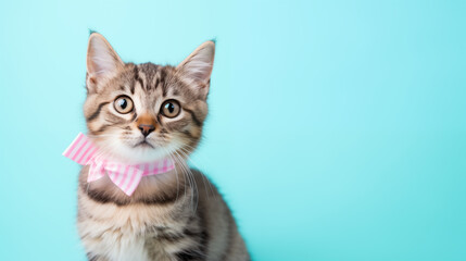 kitten on plain blue background wearing a pink gingham bowtie