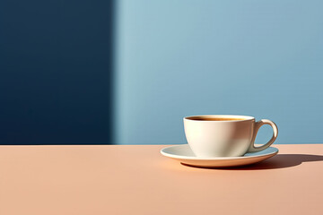 white cup of coffee on blue background banner photography, Generative AI