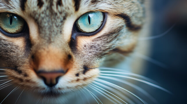 really close up of tabby cats blue green eye and white whiskers
