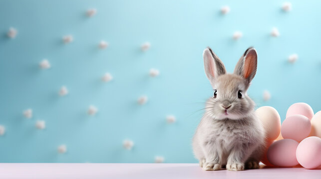 Easter holiday concept, cute fluffy bunny and eggs on a blue background banner with copy space