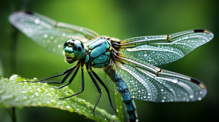 Dragonfly sits in the green grass in the morning, A dragonfly perched on green leaf and nature background, Selective focus, insect macro, Colorful insect in Thailand., dragonfly, transparent, wings, 