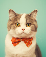 retro themed cat wearing red bow tie, mint green backdrop