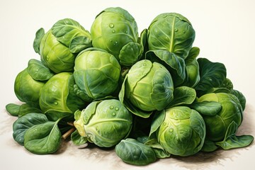 watercolor brussels sprouts isolated on white , AI Generated