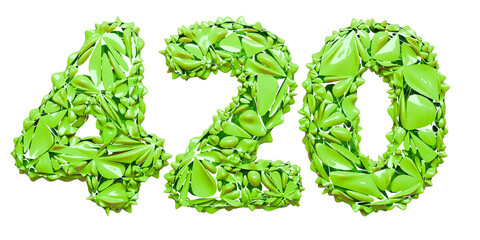 A vibrant 3D rendering of the number ‘420’ in a lush green shade, set against a clear, transparent backdrop, PNG
