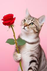 tabby cat holding a single red rose for valentine's day 