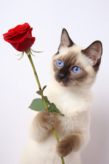 seal point Siamese cat holding a single red rose for valentine's day 