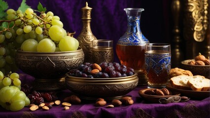 Obraz na płótnie Canvas Islamic holy Ramadan dates fruits and drinks background photo