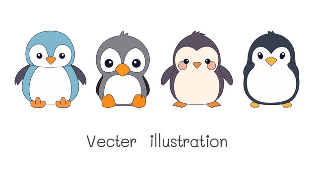 Set of clip art cartoon bird penguin isolated on the background. Ready to apply to your story book, digital product, mockup, template, t-shirt design. Vector illustration.