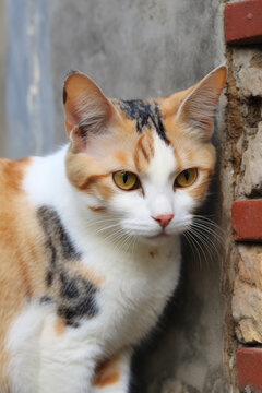calico stray cat posing against brick wall with peeling paint