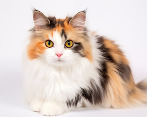 long haired adorable fluffy Calico cat sitting down