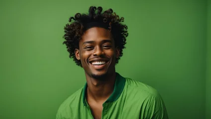  african american young man with curly hairstyle, smiling and laughing, wearing bright green clothes at bright solid green background © Anton