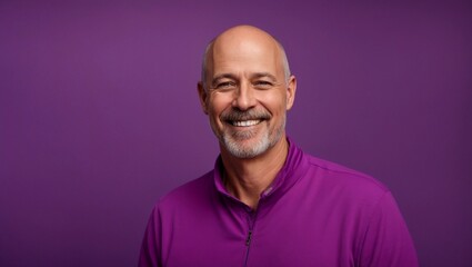 middle age caucasian bald man smiling and laughing wearing bright violet clothes. Bright solid...