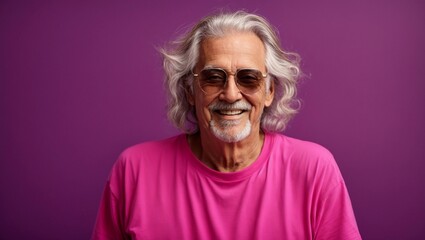 old man man with long senior hair, in sunglasses, smiling and laughing, wearing bright pink t-shirt...