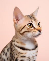 pretty bengal kitty on pale pink background looking towards the right