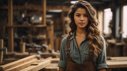 Young female carpenter standing confident as wood designer in wood working shop
