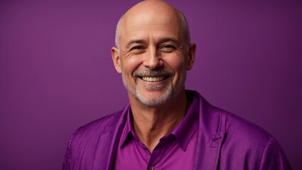 middle age caucasian bald man smiling and laughing wearing bright violet clothes. Bright solid...