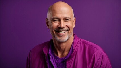 middle age caucasian bald man smiling and laughing wearing bright violet clothes. Bright solid purple background