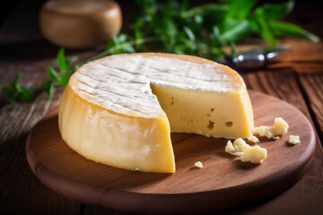 A detailed food photograph showcasing the texture and color of a wheel of Dutch Edam cheese on a rustic backdrop