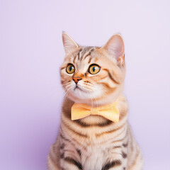 Obraz premium cat wearing an orange yellow bowtie on lilac background