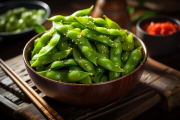 A detailed image of a healthy serving of salted edamame beans in a rustic setting