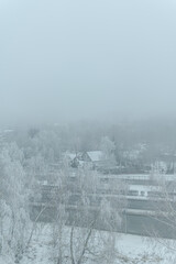morning fog in winter over houses and trees. winter landscape