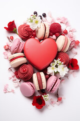 Heart shape red cake and white and red macaroons. Valentines day concept.