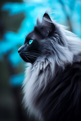 smokey furred ragdol cat with vivid blue eyes outdoors, side view