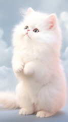 fluffy kitten on hind legs against a cloudy sky