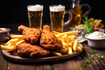 A tantalizing display of crunchy fried chicken paired with a tangy coleslaw and a chilled beer on a vintage wooden table