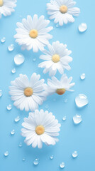 White flowers on a pastel blue background. Spring concept.