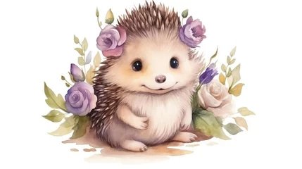 Fotobehang Boho dieren cute hedgehog with flower bouquet ,isolated on white background