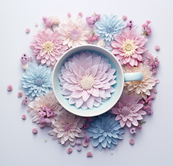 Cup of tea with pastel flowers. Flat lay.