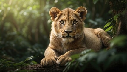 portrait of a lion cub in a jungle background photo