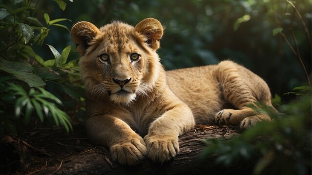 portrait of a lion cub in a jungle background photo