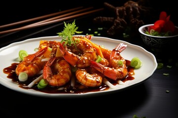 Exquisite Zhejiang Shrimp Delicacy Presented with Fresh Greens and a Touch of Soy Sauce in a High-End Chinese Bistro