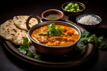 Goan Xacuti Curry Served in a Rustic Setting with Steamed Rice and Freshly Baked Naan Bread