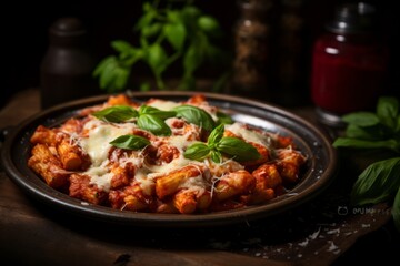 An inviting serving of oven-baked Ziti al Forno, topped with melted cheese and garnished with fresh basil, paired with a glass of red wine