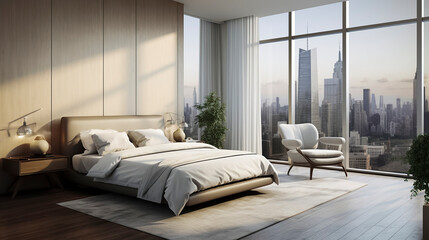 A modern bedroom with a king-size bed, beige walls, a wooden accent wall, a large window showcasing a city skyline, and a white armchair, ai generative