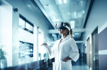 a woman in a white lab coat, exploring a modern hallway through a virtual reality headset, with her arms outstretched, ai generative