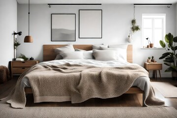A neatly made bed with a knitted throw blanket in a serene, clutter-free bedroom 