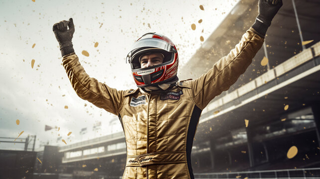 a race car driver in a gold suit, arms raised in victory, amidst falling gold confetti in a stadium setting, ai generative
