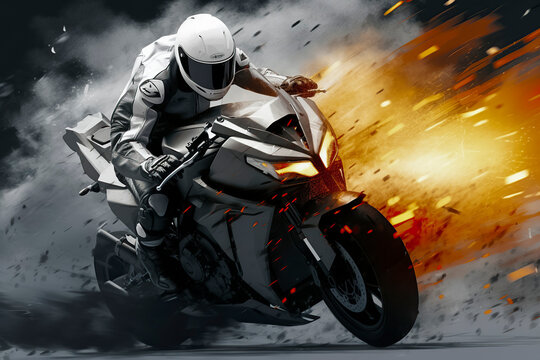 a motorcyclist in a white suit, leaning into a turn on a gray motorcycle with orange accents, against a blurred cityscape, ai generative