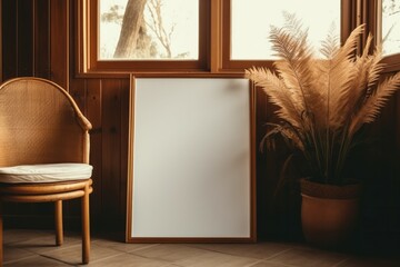 A poster frame standing in front of the window in a wooden rustic house. Mock up poster Frame