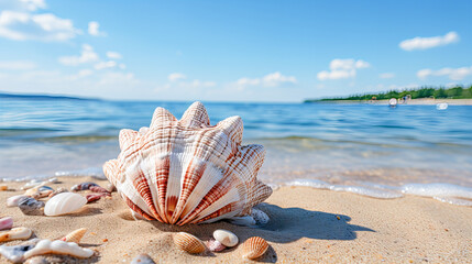 Beautiful seashell on the sandy beach by the sea on a sunny day. Generative AI technology. - obrazy, fototapety, plakaty