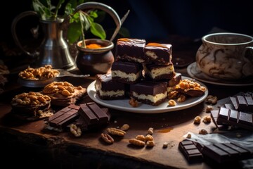 Fototapeta premium An enticing display of traditional Canadian Nanaimo bars, artistically presented on a weathered wooden surface