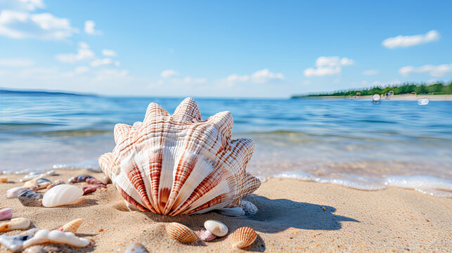 Beautiful seashell on the sandy beach by the sea on a sunny day. Generative AI technology.