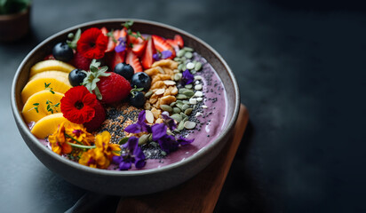 A plant-based, gluten-free rainbow smoothie bowl with edible flowers and superfood toppings, with space for text